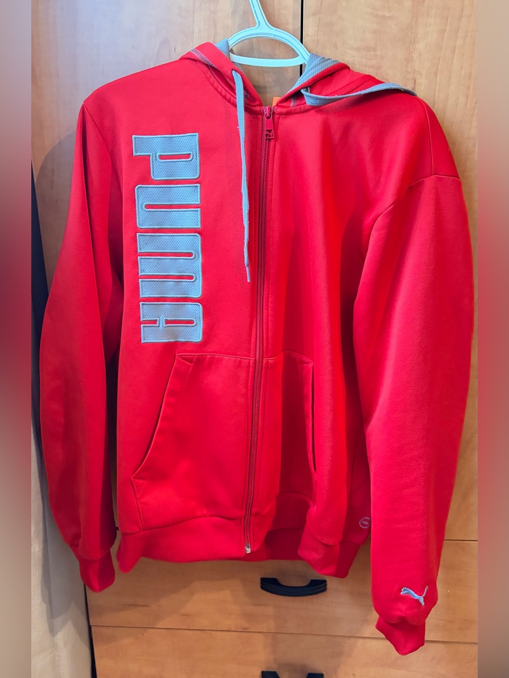 Puma Red Hoodie with Gray Trim and Orange Tag